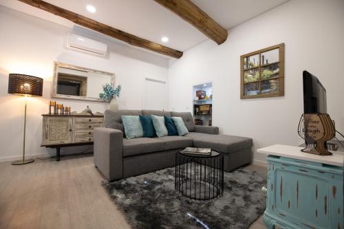 a living room with a couch and a tv at Casa dos Avós- Douro in Peso da Régua