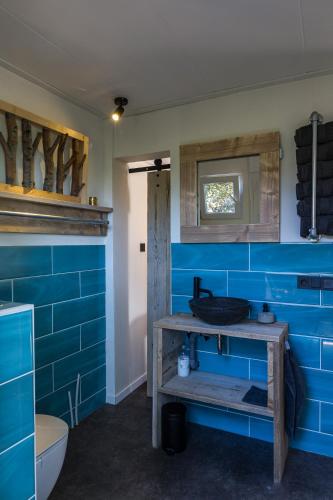 a bathroom with blue tiled walls and a sink at De Meisjes in Middelburg