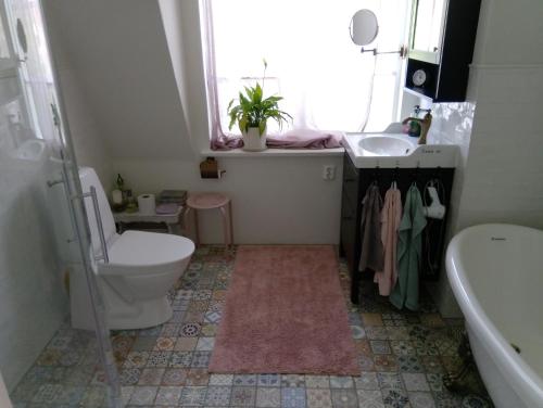 a small bathroom with a toilet and a sink at B&B Lilla Lotten in Östersund