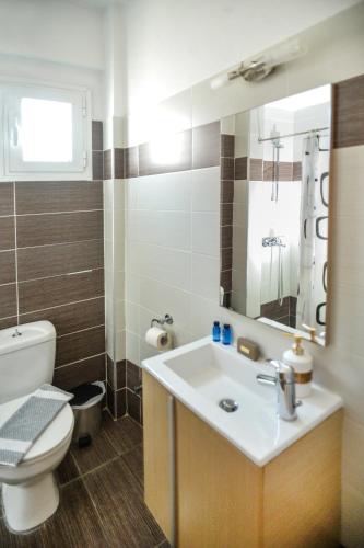 a bathroom with a sink and a toilet and a mirror at Vento di Mare in Perea