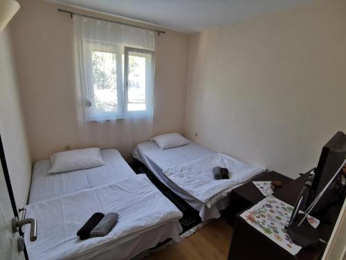two beds in a small room with a window at Apartman Selma in Vinine