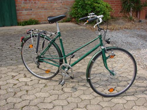 a green bike is parked on a brick road at FEWO 16, Herrenhaus Blengow, Lindenallee 21 in Rerik
