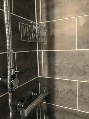y baño con ducha con pared de metal. en Cosy Cabin for two with country side views en Churchstow