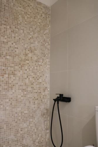a bathroom with a shower with a hose on the wall at Little cozy room by the sea in Messini