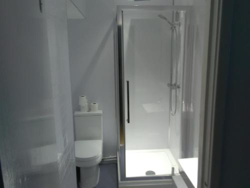 een witte badkamer met een douche en een toilet bij Clifton Hotel & Bar Newcastle in Elswick