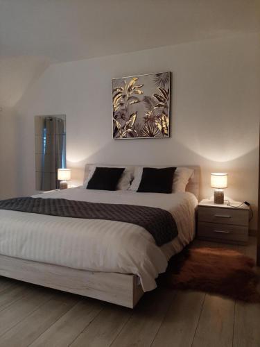1 dormitorio con 1 cama grande y 2 lámparas. en Maison de campagne en pierre bleue-WIFI et parking, en Bousignies-sur-Roc