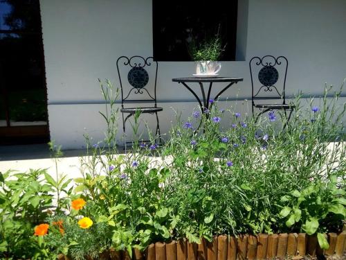 2 sillas y una mesa en un jardín con flores en Kutny Residence -Chateau Schaal, en Hegyhátsál