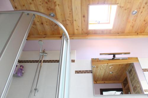 a bathroom with a shower and a wooden ceiling at Cit Ni in Bosia