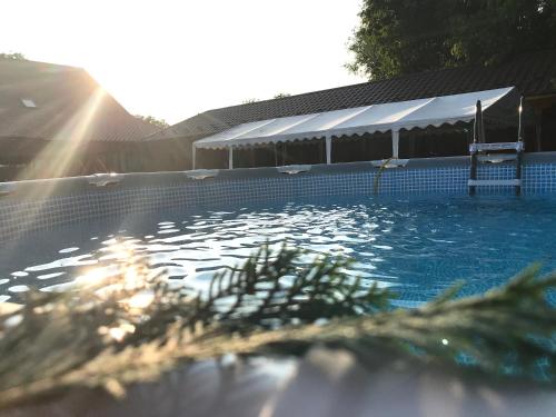 a swimming pool with the sun shining on the water at Pensiunea Minodora in Polovragi