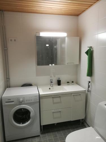 a bathroom with a washing machine and a sink at StarHomes Double lux 8 in Oulu
