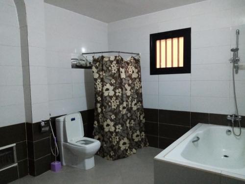 a bathroom with a toilet and a sink and a window at Villa Louly in Sali Nianiaral