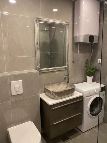 een badkamer met een wastafel en een wasmachine bij Apartment Bono in Baška Voda