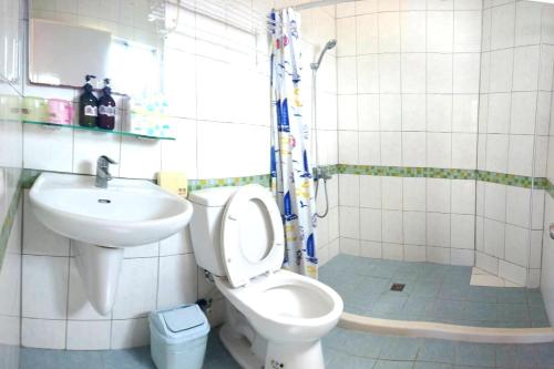 a bathroom with a toilet and a sink at 別野山莊民宿 in Baisha