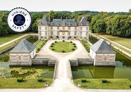 an aerial view of a castle with a lake at Château-Hôtel de Bourron in Bourron-Marlotte