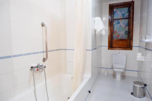 a bathroom with a shower and a toilet at Hotel Central in Lanjarón