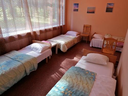 a group of beds in a room with a window at Minhauzena Unda in Saulkrasti