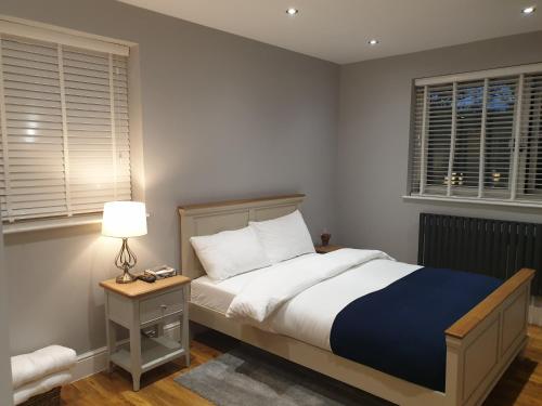 a bedroom with a bed and a lamp and two windows at Arsenal Highbury & Islington Beautifully Presented in London