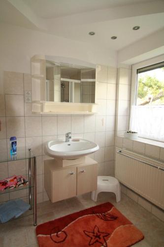 a bathroom with a sink and a mirror at Ferienhaus Auerswalde in Lichtenau