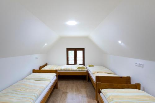3 Betten in einem Zimmer mit Fenster in der Unterkunft Hotel Rusava chaty in Rusava