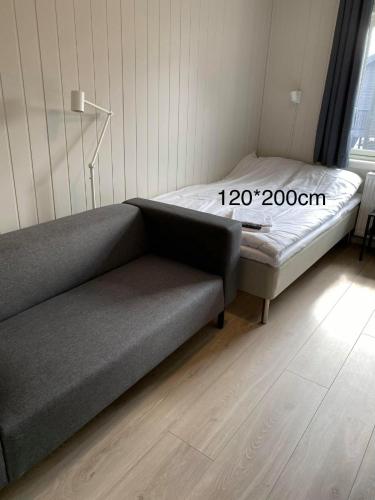 a bed and a couch in a room at Mosjøen Overnatting, Finnskoggata 20 in Mosjøen
