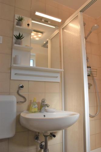 a bathroom with a sink and a shower at Our Forest House in Tržič