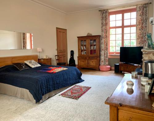 a bedroom with a bed and a flat screen tv at Beautiful country house located 50min from Paris Eiffel Tour - Demeure d'exception à 50min de Paris Tour Eiffel in Hodent