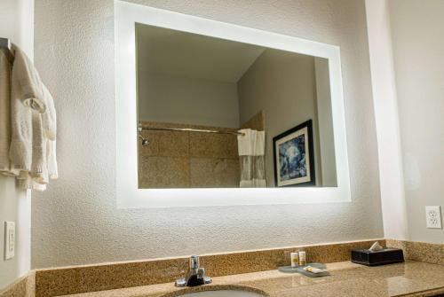 a bathroom with a sink and a large mirror at La Quinta by Wyndham Houston/Clear Lake-NASA in Webster