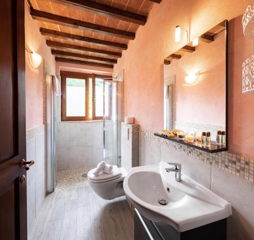 a bathroom with a sink and a toilet and a shower at Fattoria Sant'Andrea - Farm Stay in San Gimignano