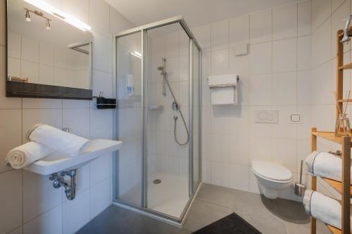 a bathroom with a shower and a sink and a toilet at Appartement PIA in Schönberg im Stubaital