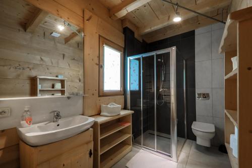 uma casa de banho com um lavatório, um chuveiro e um WC. em Alpejska Szarotka em Nowe Bystre