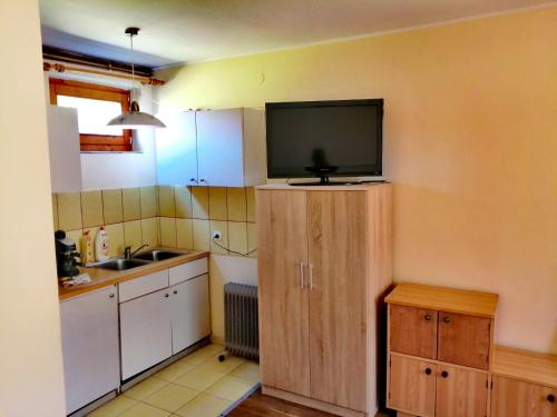 a kitchen with a flat screen tv on the wall at Sóhegy Panzió in Praid