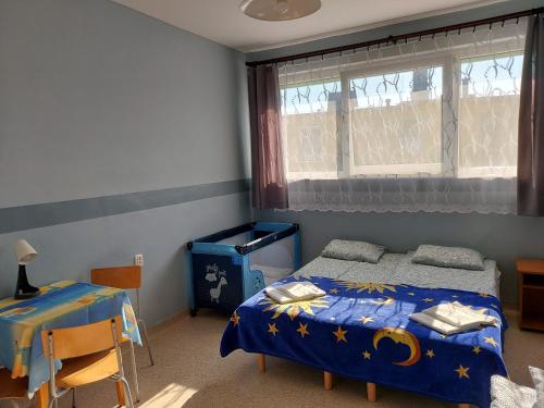 Schlafzimmer mit einem Bett, einem Tisch und einem Fenster in der Unterkunft Ośrodek Wczasowo - Kolonijny Słoneczko in Łeba