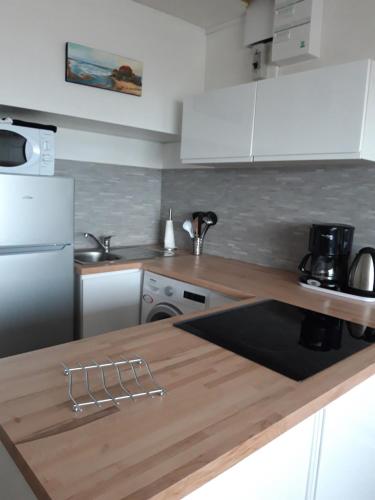 a kitchen with a wooden counter top with a refrigerator at la Bassure de Baas à Ambleteuse in Ambleteuse