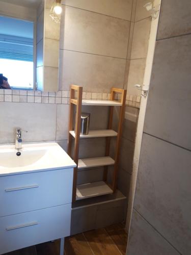 een badkamer met een wastafel, een spiegel en een plank bij la Bassure de Baas à Ambleteuse in Ambleteuse