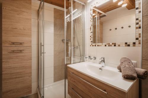 La salle de bains est pourvue d'un lavabo et d'une douche. dans l'établissement DAS "ZwisleggGut", à Wagrain