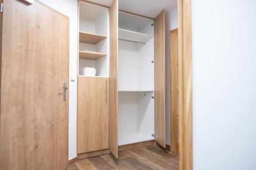 a room with a closet with wooden doors at Apartmány Kamenice "Kamčatka" in Březová