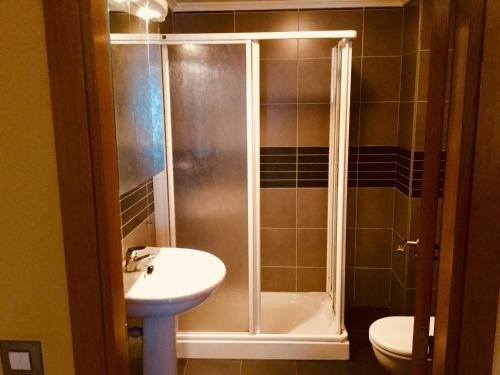 a bathroom with a shower and a sink and a toilet at Apartamento Rio Barayo in Luarca
