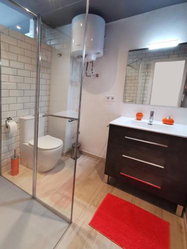 a bathroom with a shower and a toilet and a sink at Estudios Placeta dels Bous - Plaza Constitución in Benicarló