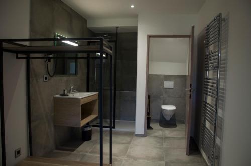 a bathroom with a sink and a shower and a toilet at Aux Platanes in Poligny