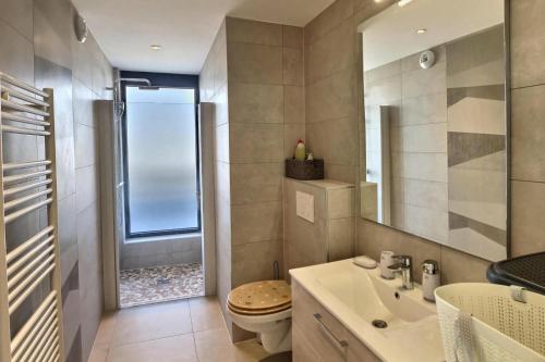 a bathroom with a sink and a toilet and a mirror at KRésidence Appartement Neuf Saint-Louis in Saint-Louis