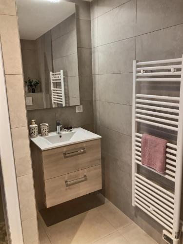 a bathroom with a sink and a mirror at KRésidence - Appartements Saint-Louis in Saint-Louis