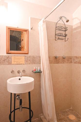 a bathroom with a sink and a shower at Hotel Meson Cuevano in Guanajuato