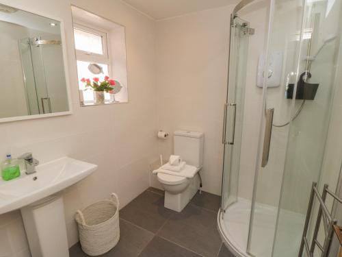 Un baño con ducha, inodoro y lavabo. en Arden House, en Whitby