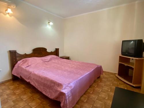 ゲレンジークにあるGuest House Na Chernigovskoyのピンクベッド1台とテレビ付きのベッドルーム1室
