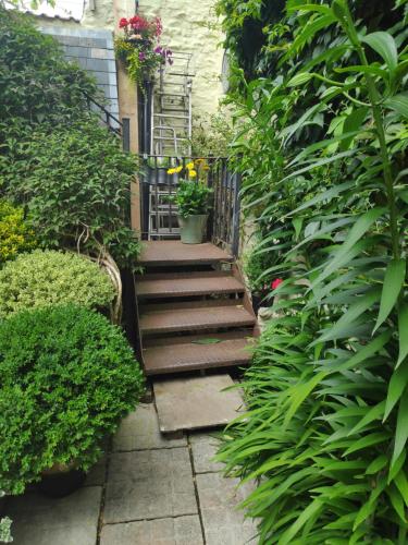 a garden with a stairway with plants and flowers at Courtyard Apartment in Shepton Mallet
