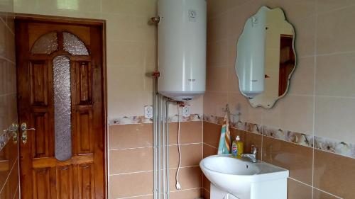 a bathroom with a toilet and a sink and a door at Мамина Хата in Mykulychyn