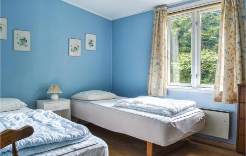 two beds in a blue room with a window at 3 Bedroom Amazing Home In Mariager in Mariager