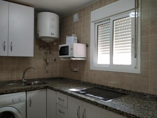 eine Küche mit einer Spüle und einer Mikrowelle in der Unterkunft Apartamento Torres19 in Sevilla