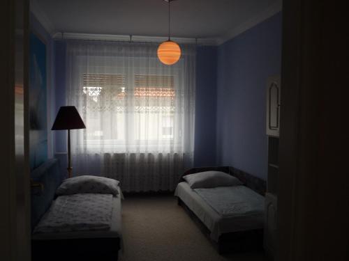 ケストヘイにあるZsigmond Vendeghazのベッドルーム1室(ベッド2台、窓付)