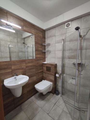 La salle de bains est pourvue de toilettes, d'un lavabo et d'une douche. dans l'établissement Pokoje Gościnne Majka, à Mrągowo